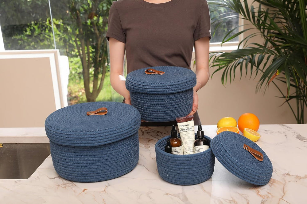 Set of 3 Small Woven Baskets with Lids, Cotton Rope Round Nesting Storage Bas...