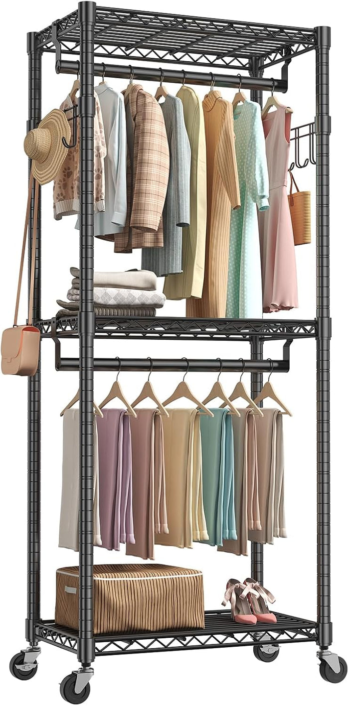 NEWBULIG Heavy Duty Clothing Rack with Wheels, 3-Tier Adjustable Wire Garment Rack, Metal Freestanding Closet Organizer System with Double Hanging Rods & 8 Side Hooks, 29" x 15" x 75", Black