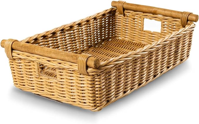 The Basket Lady Low Pole Handle Wicker Storage Basket, 19.5 in L x 12.5 in W x