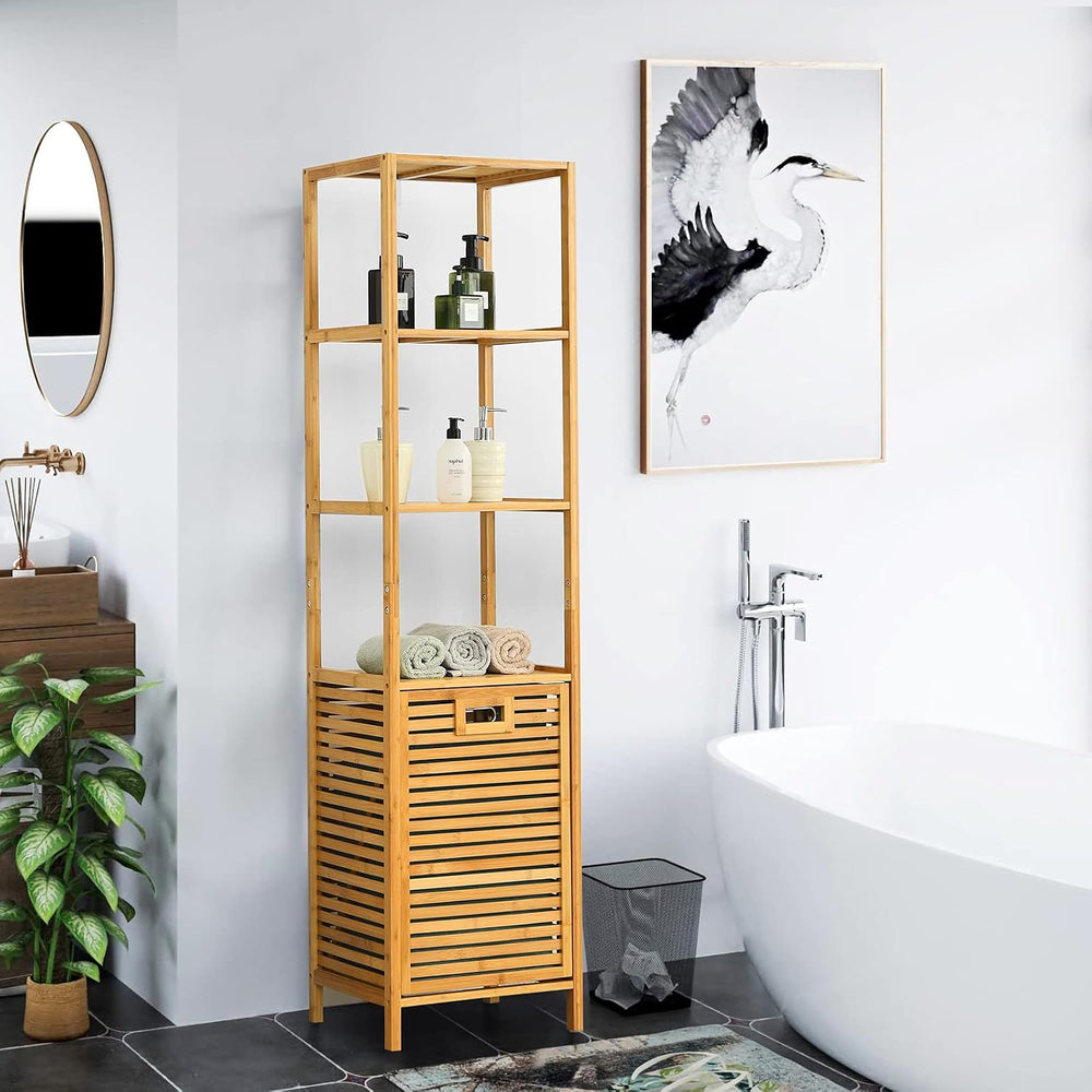 4 Tier Bamboo Shelves with Tilt Out Laundry Hamper, Freestanding Storage Shel...