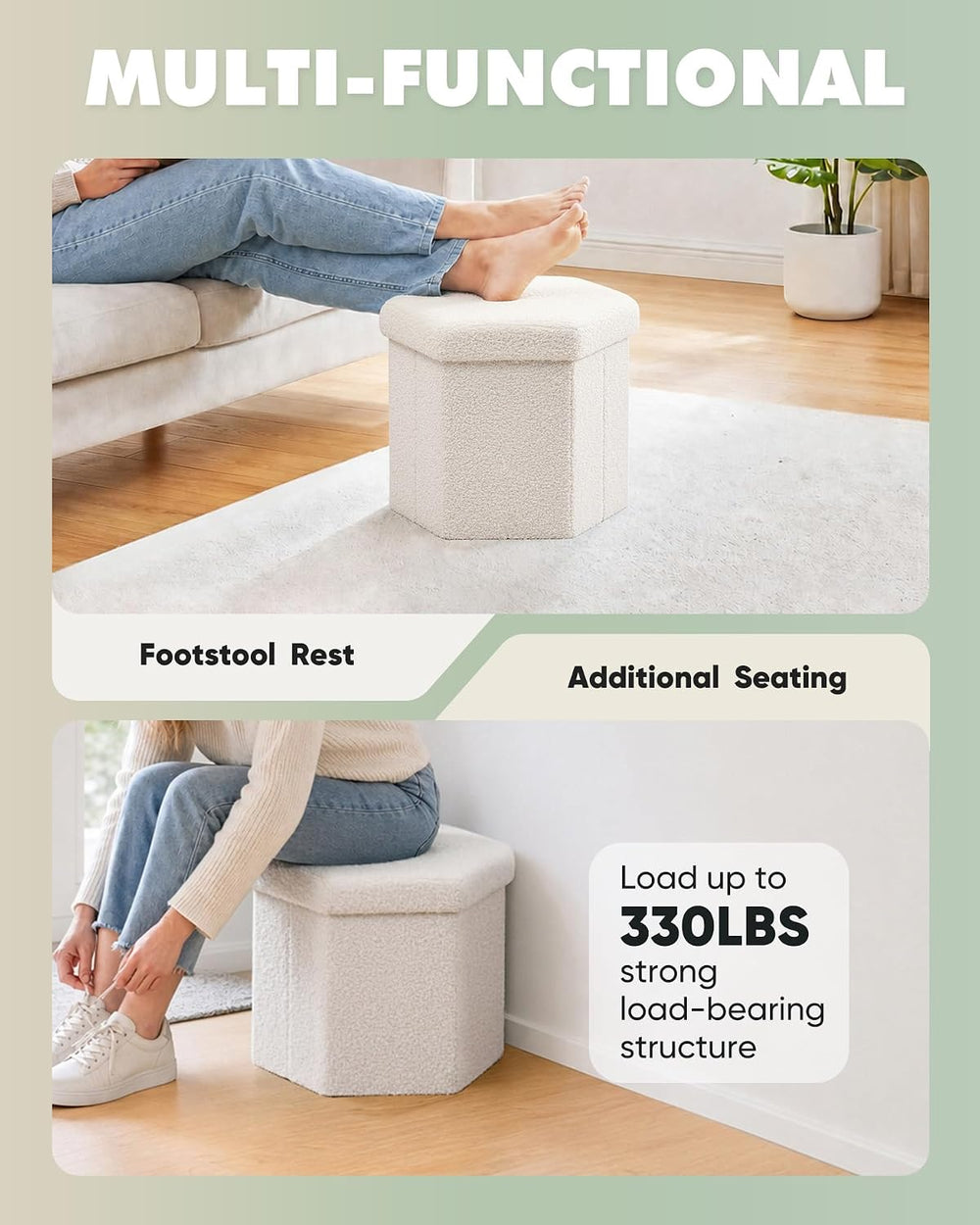 B FSOBEIIALEO Storage Ottoman,15" Hexagonal Teddy Pouf Ottomans,Cream White
