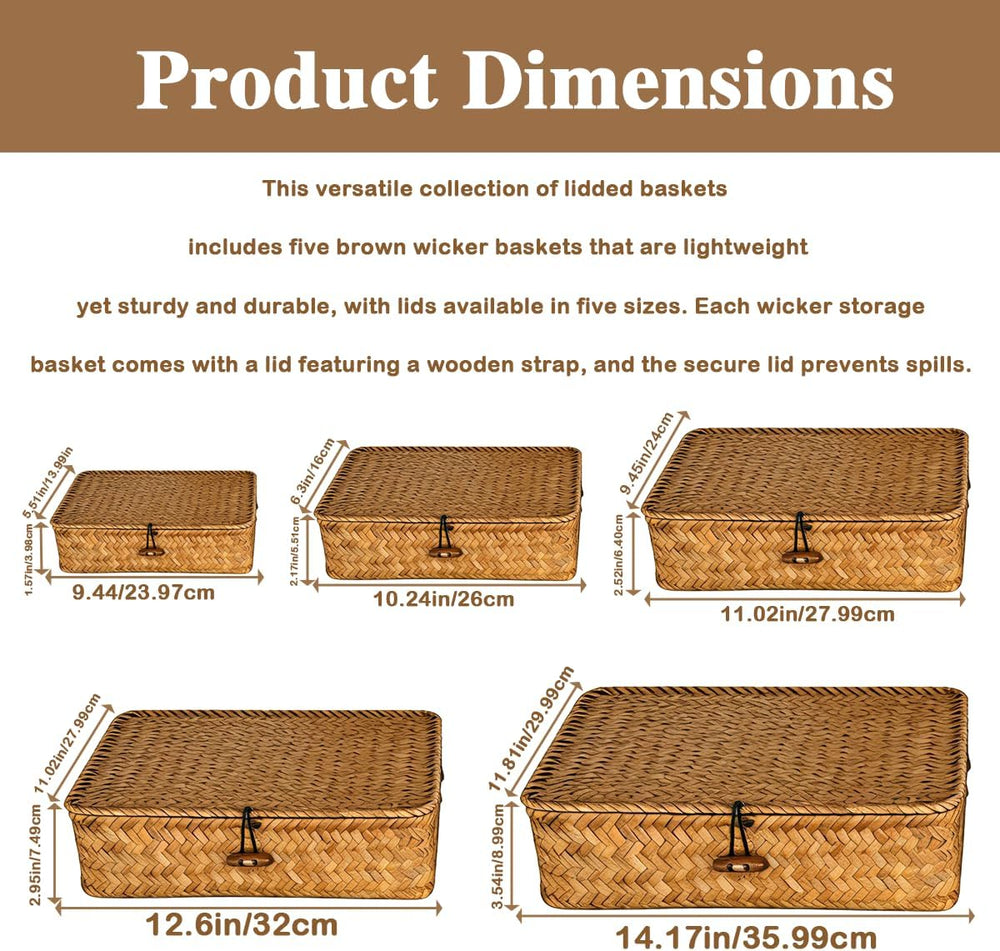 Wicker Basket with Lid,Seagrass Flat Storage Bins, Set of 5