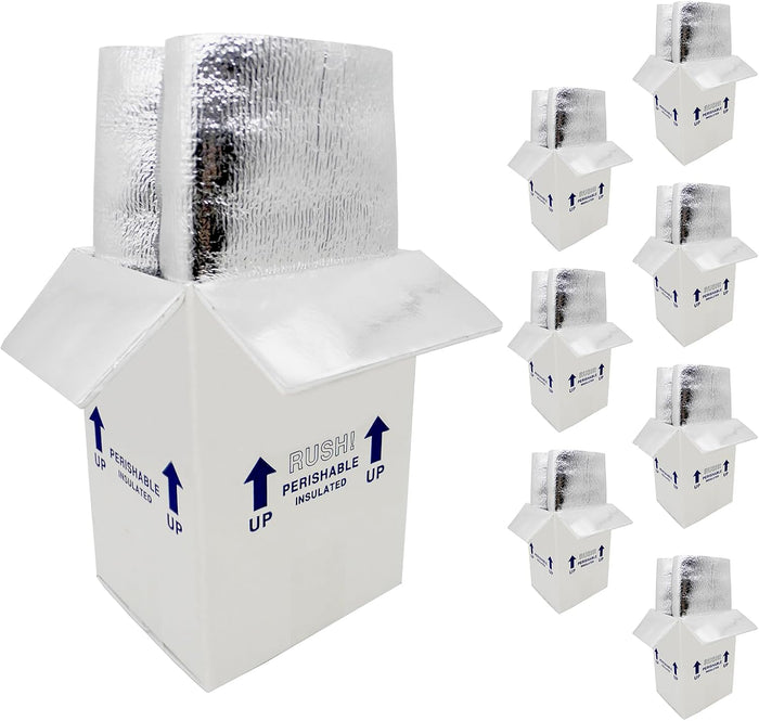 7x6x10“ Small Insulated Shipping Boxes for Frozen Food, 8 Pack Double Insulated Carton with Aluminum Foil Insulated Bag Liner, Reusable Perishable Shipper Cooler Packaging Box
