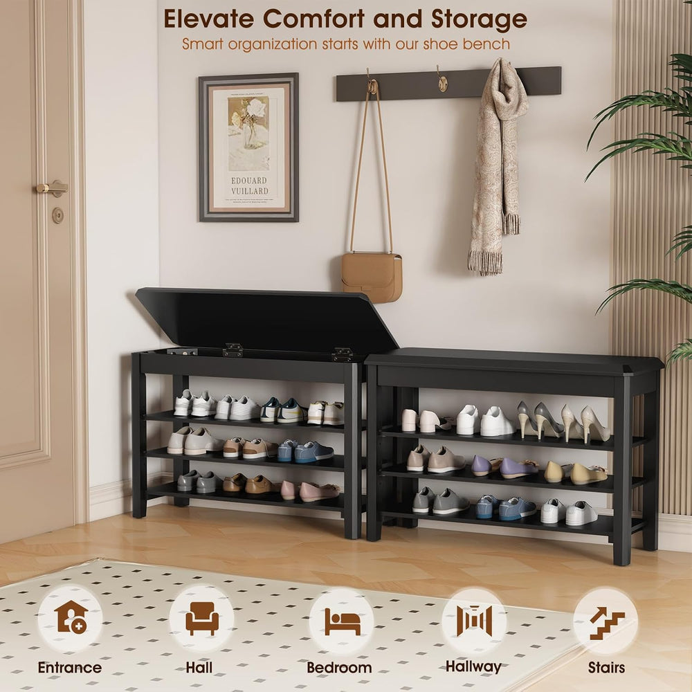 IUNVR Shoe Rack Bench Seat Rubberwood 3-Tier Wooden Storage Bench 550lbs Comp...