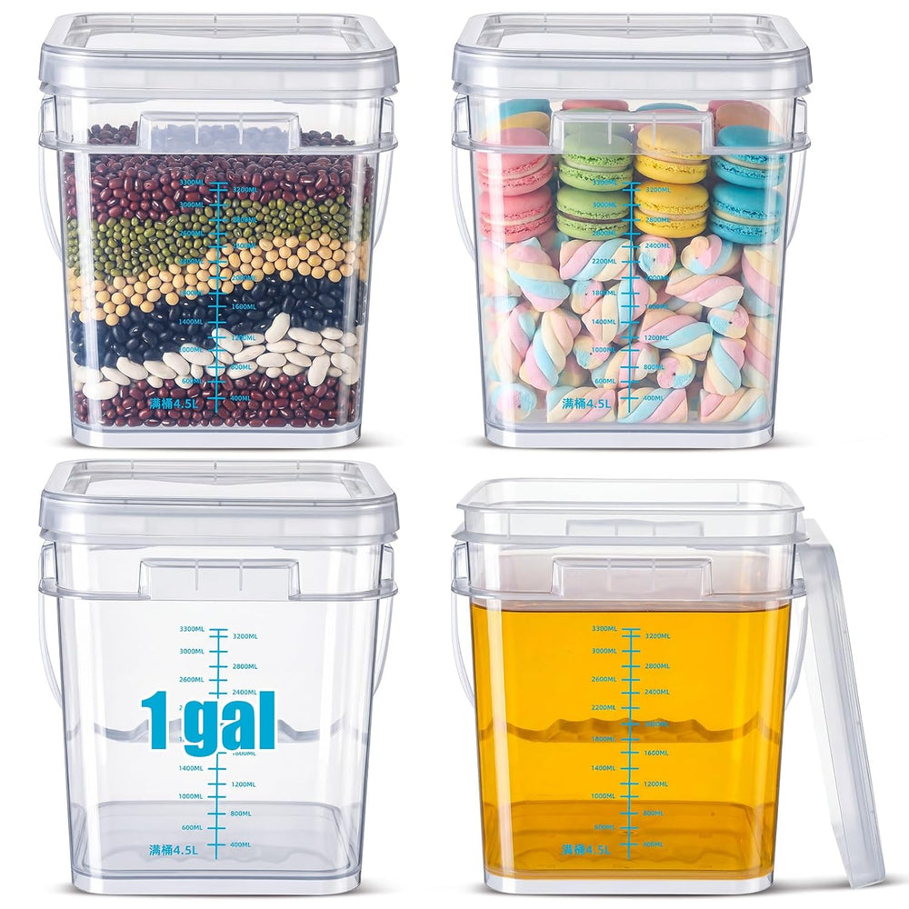 LemonRoad 4 Pcs Clear Square Bucket with Lid 1 Gallon Graduated Pail Containe...