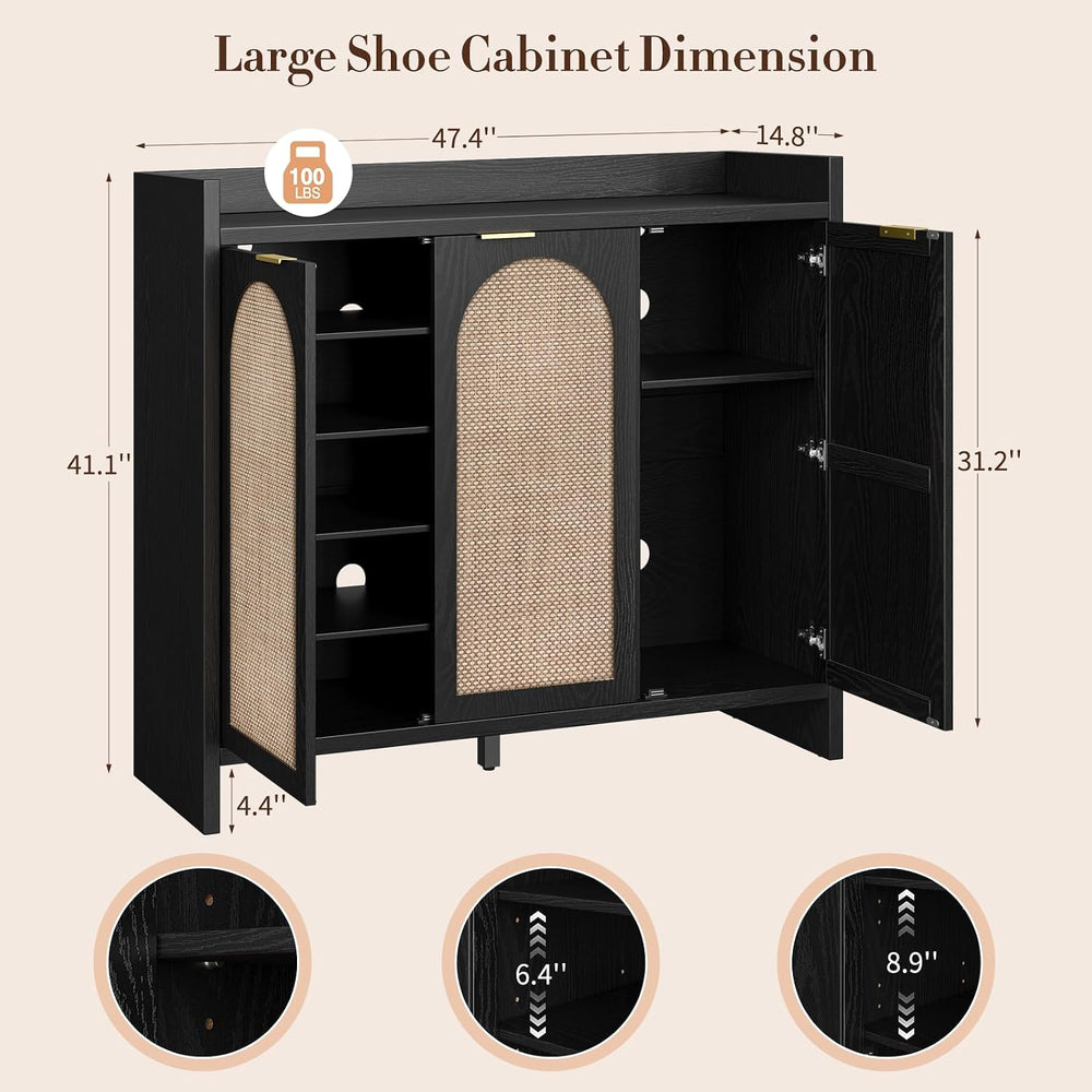 Shoe Cabinet Storage for Entryway - Rattan Accent Cabinet with 3 Doors & ...
