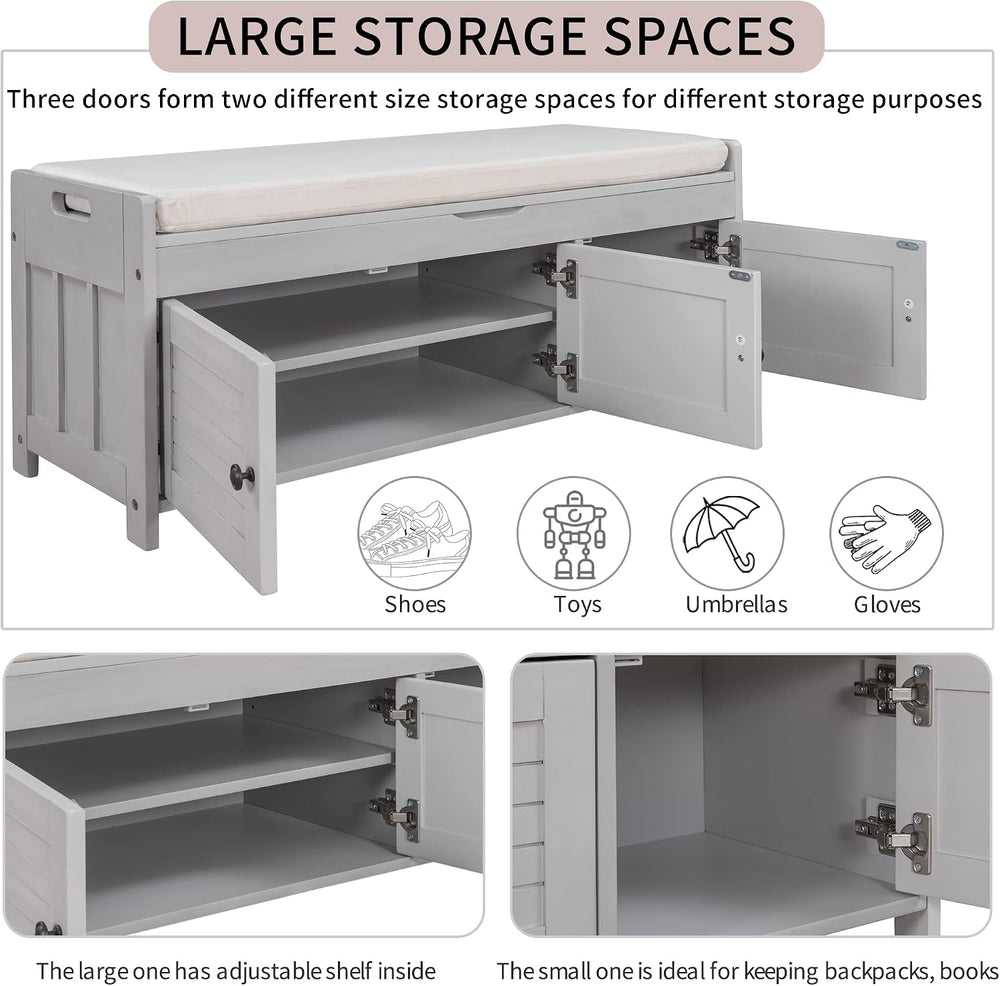 P PURLOVE Wood Storage Bench with 3 Shutter Doors, Shoe Bench with Removable ...