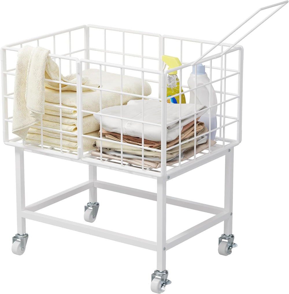 WOWLIVE Rolling Laundry Hamper, Metal Wire Frame Laundry Cart with Wheels