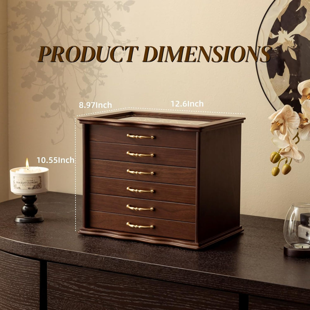 KINTNESS Black Walnut Wooden Jewelry Box - 6 Drawers Solid Wood Large Jewelry...