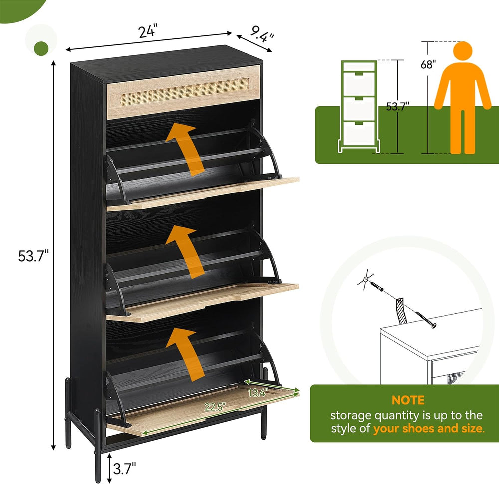 GAOMON Natural Rattan 3 Flip Door with 1 Drawer Shoe Rack Storage Cabinet, Sh...