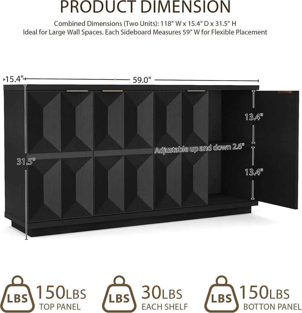Yechen 118" W Modular Sideboard Cabinet with 3D Geometric Doors, Black