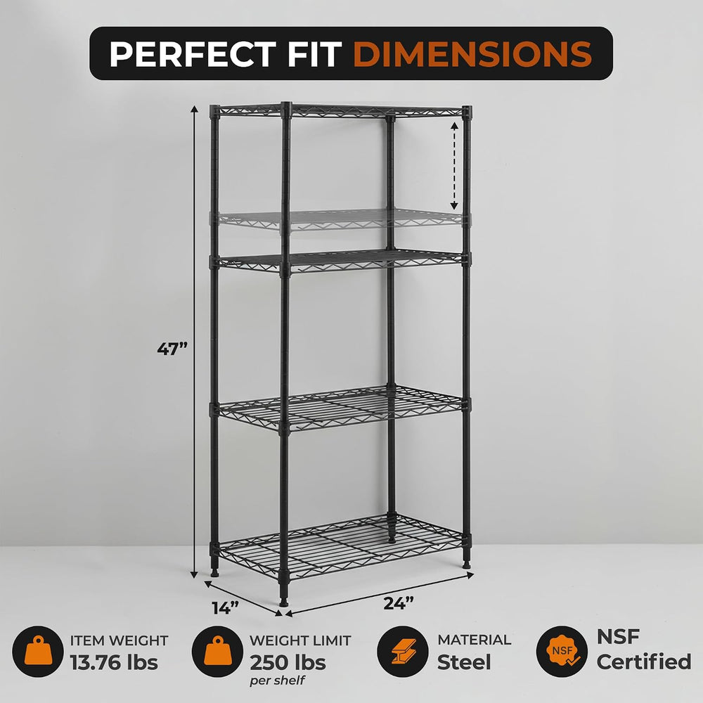 4-Tier Metal Shelf, 250 lb/Shelf, NSF, Black, 14x24x47 in