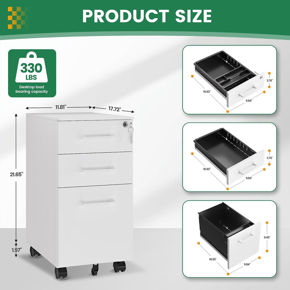 3 Drawer Slim File Cabinet, Mobile File Cabinet with Lock for Home Office, Ro...