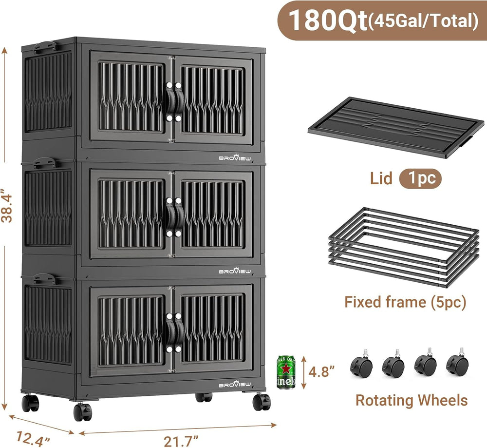 BROVIEW 180Qt Stackable Storage Bins with Lid for Home Dorm, 3Pack Black