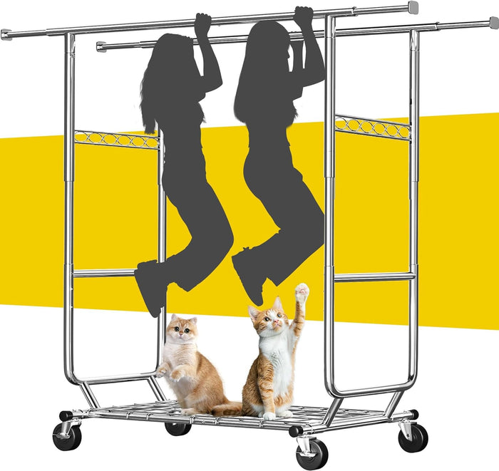Raybee Heavy Duty Clothes Rack 650LBS Double Rods with Shelf Collapsible