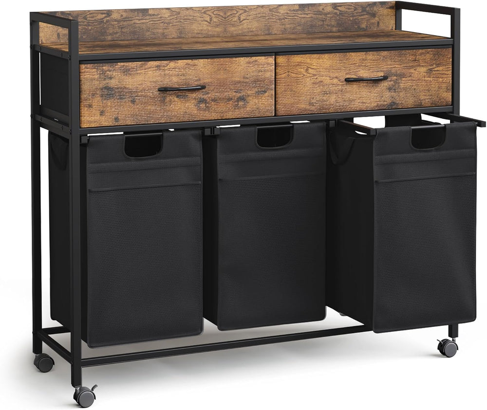 Mondeer 150L Laundry Sorter 3 Section with 3 Bags 4 Wheels 2 Drawers