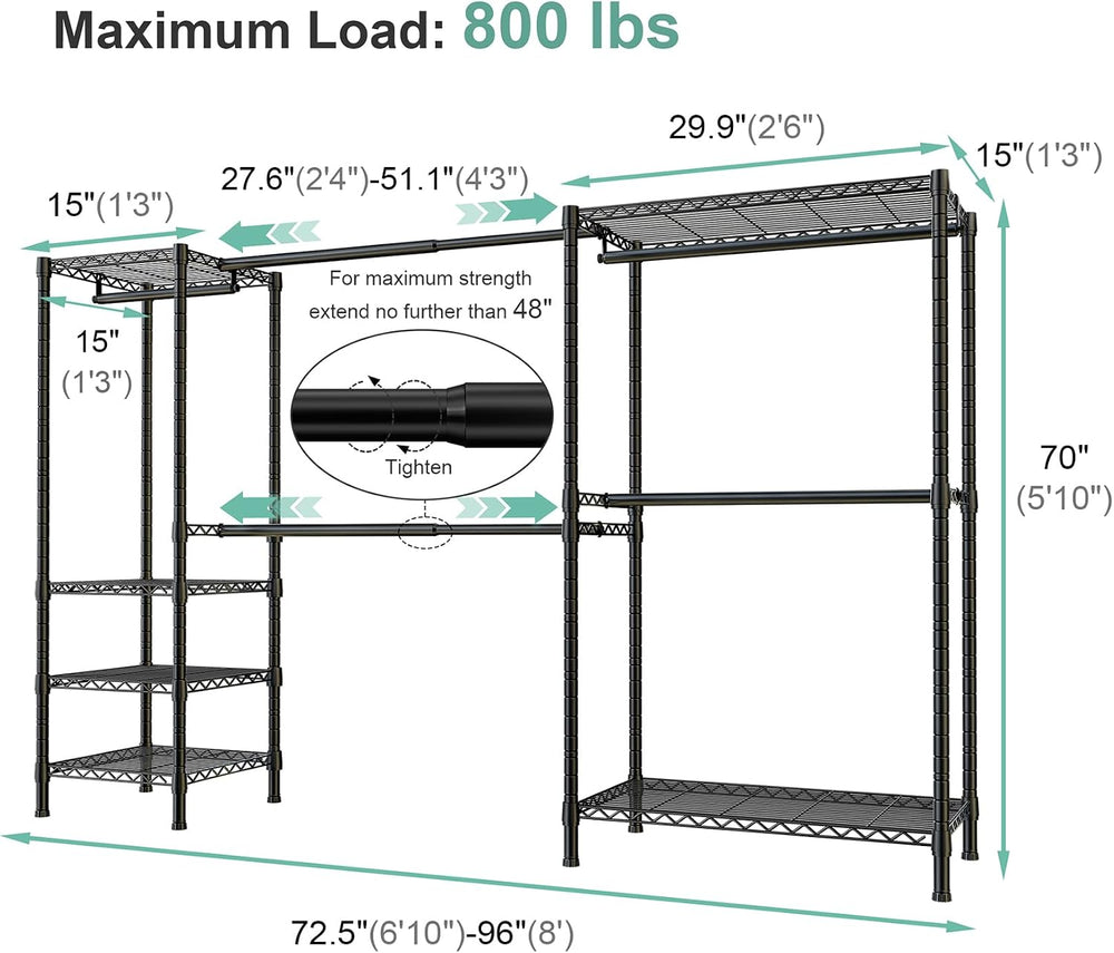 SEMHOR E01 Expandable Heavy Duty Clothes Rack, Free Standing Closet System