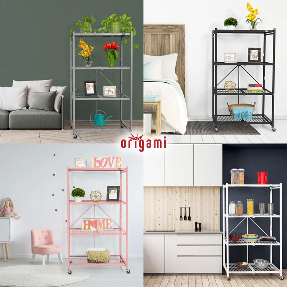 Origami 3-Pack R5 Storage Rack, 4-Tier Heavy-Duty Foldable Steel Shelf with W...