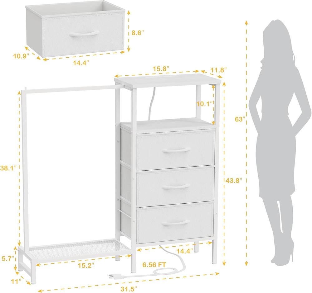 Dresser for Bedroom with Hanging Rack, 3 Drawers Closet with Charging Station...