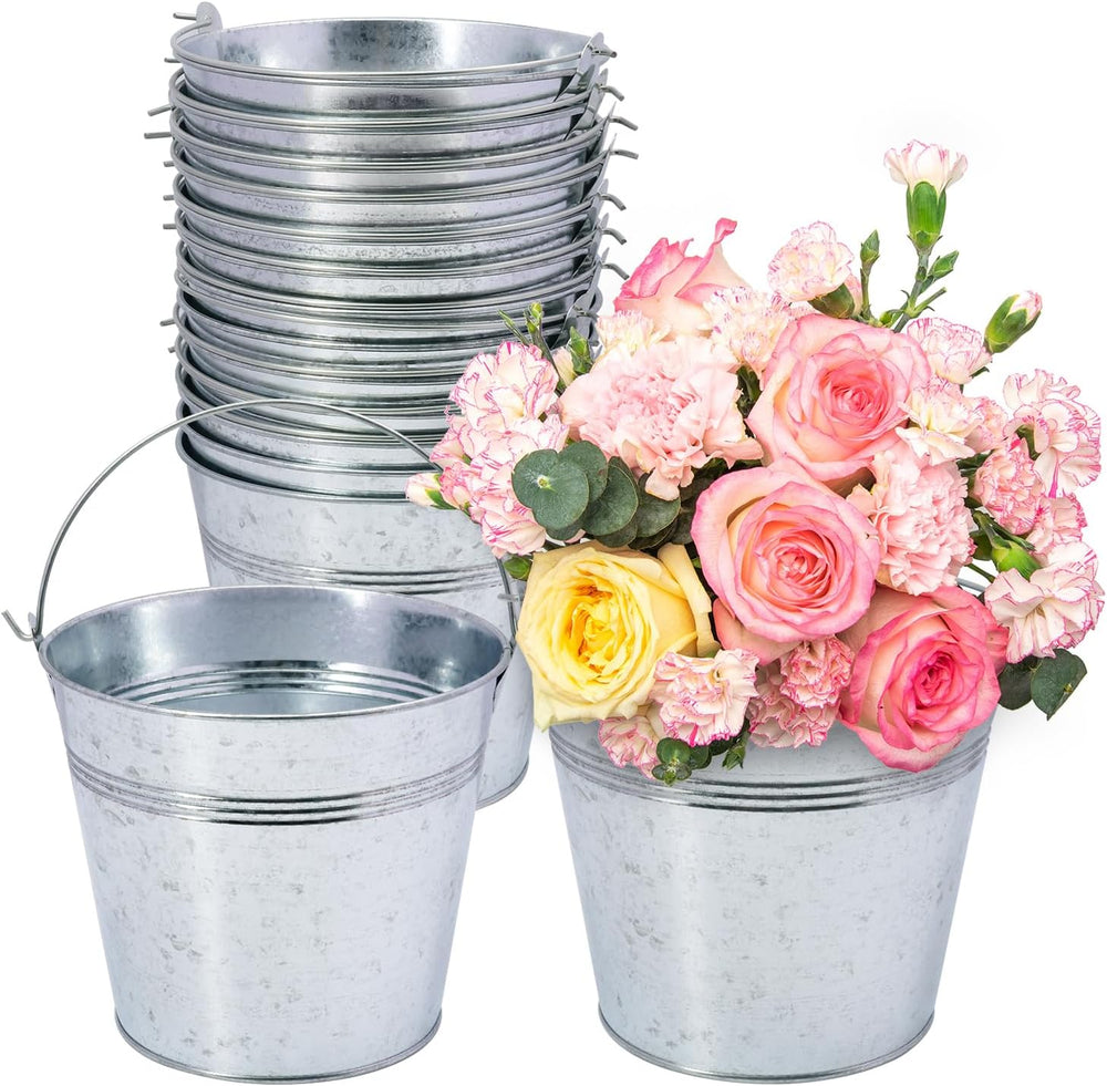 15 Pack 6 Inch Galvanized Metal Buckets with Handles, Rustic Metal Ice Bucket...
