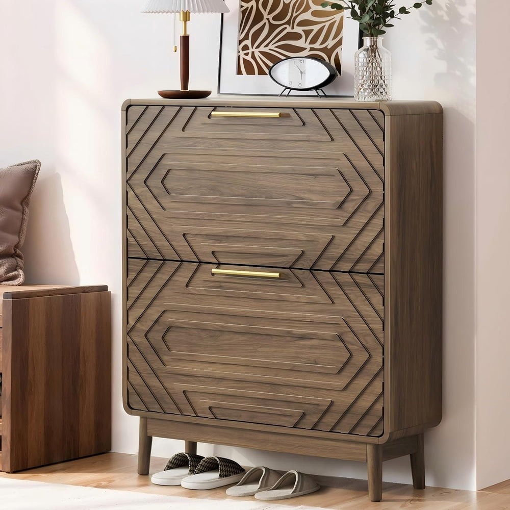 Shoe Storage Cabinet with Hand-Carved Raised Embossed 2 Flip Drawers,Narrow S...
