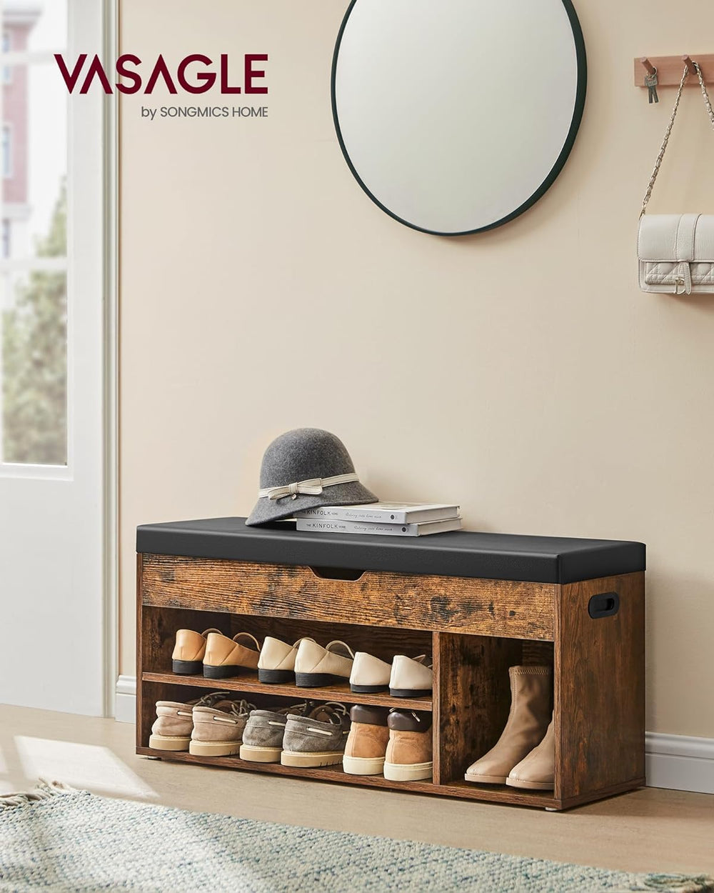 VASAGLE Storage Bench with Cushion, Shoe Bench, 11.8 x 39.4 x 17.3 Inches