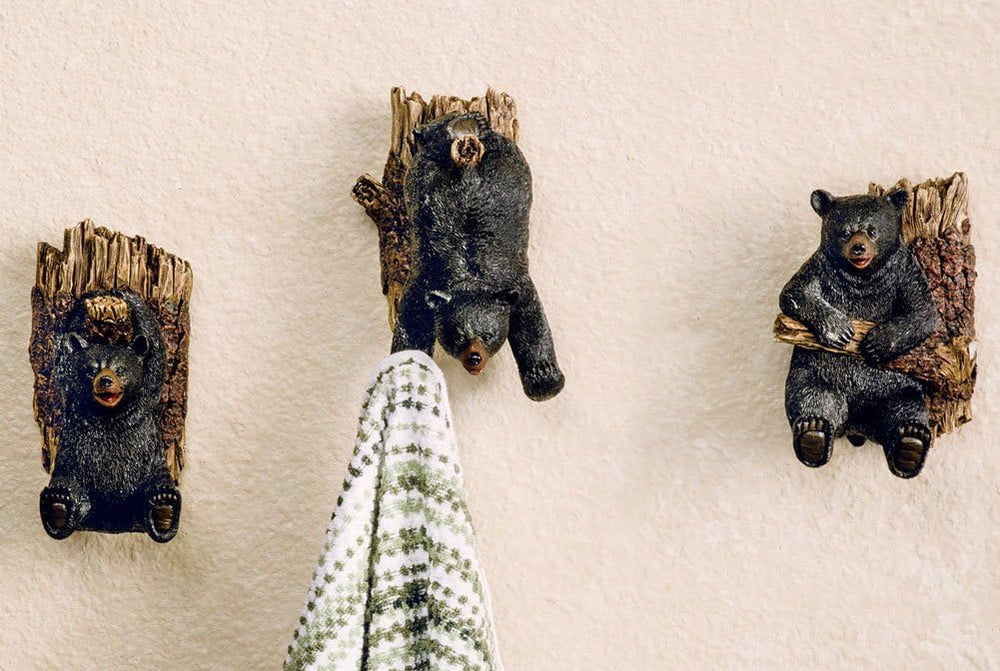 Marco Set of Three Resin Black Bear and Tree Trunk Wall Hooks -Lodge Decor