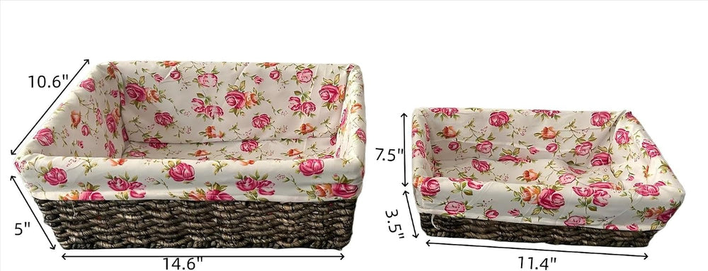 Set of 2 Corn Rope Woven Storage Baskets with Floral Fabric Liner, Decorative...