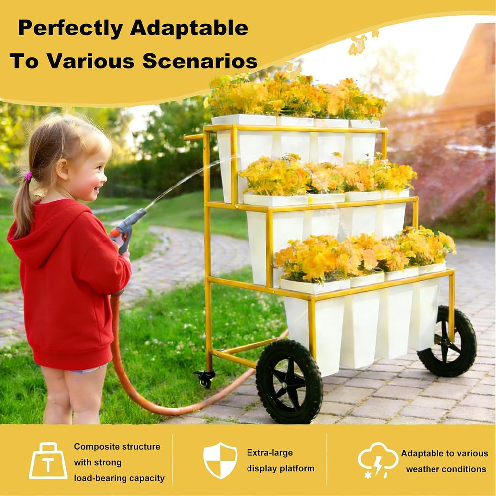 Black 3 Tier Metal Flower Cart Display Stand with Wheels, Mobile