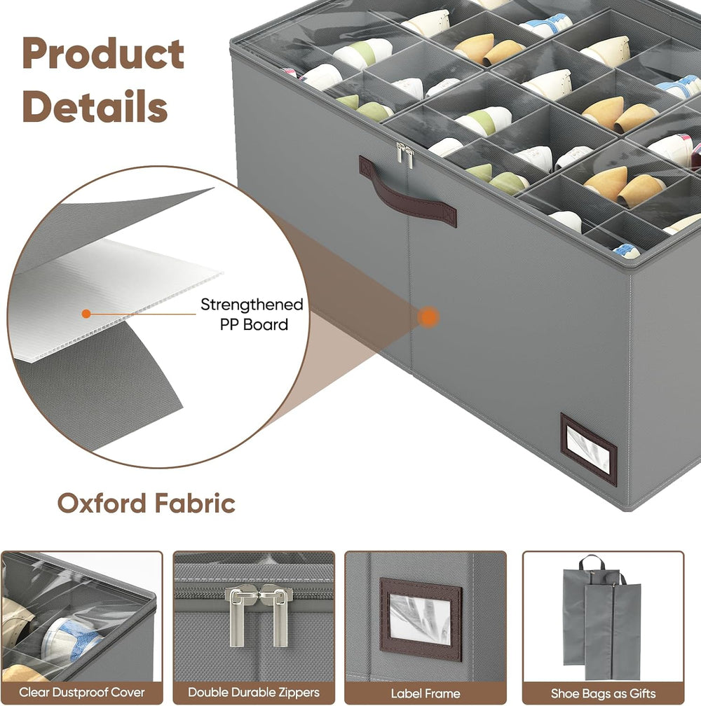 OIAHOMY 2 Pack Shoe Organizer for Closet, Large Foldable Shoe Storage Bins wi...