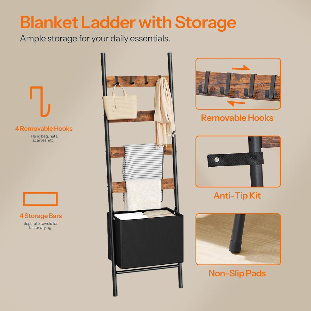 HOOBRO Blanket Ladder with Basket, 17.3" L x 74" H, Towel Rack with...