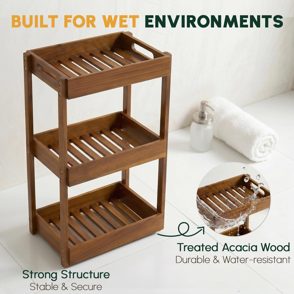 3-Tier Corner Standing Acacia Wood Shower Caddy Organizer