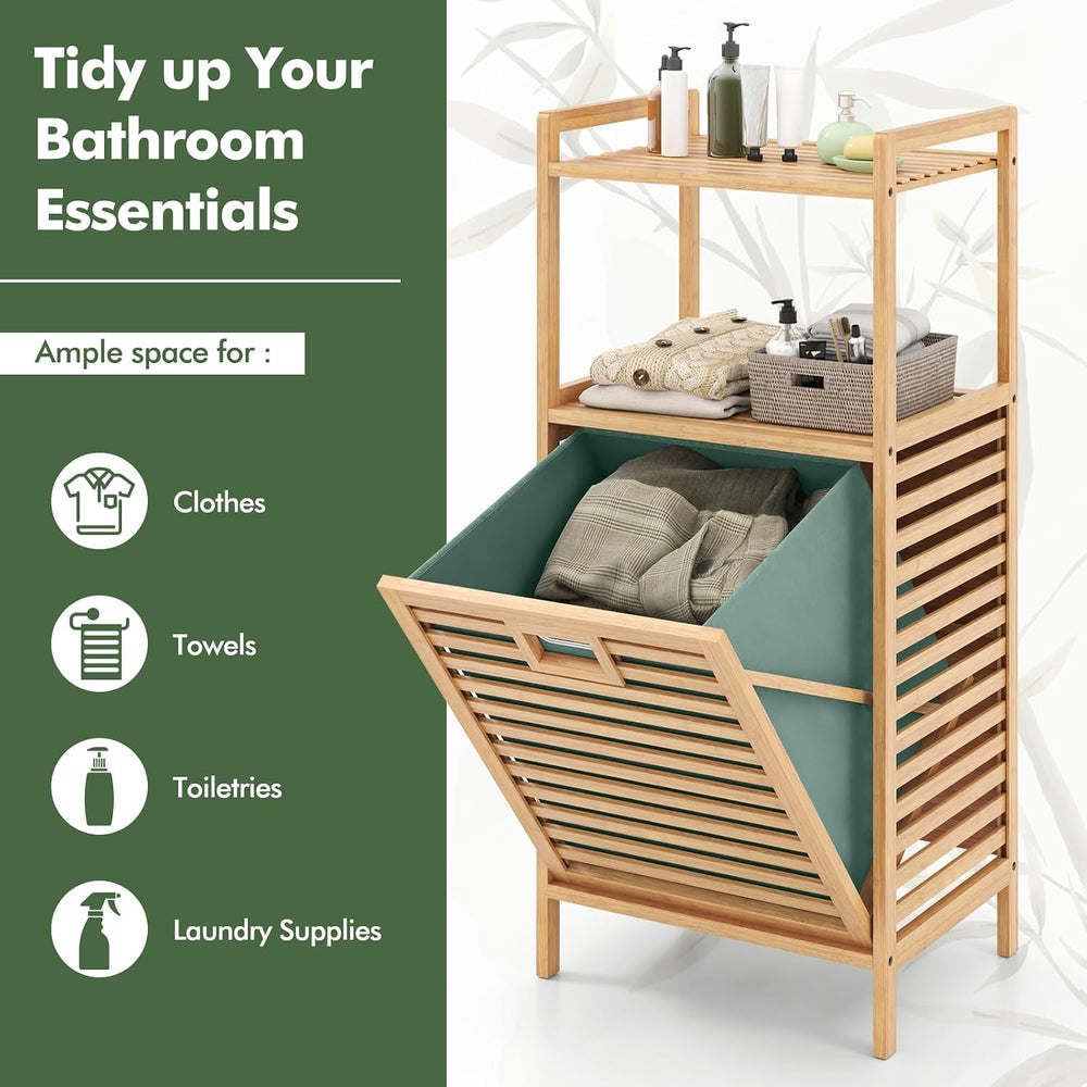 RELAX4LIFE Laundry Hamper Bamboo W/Removable Liner, 2-Tier Shelves Tilt-out D...