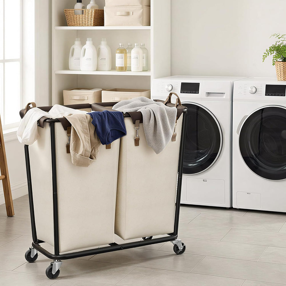 StorageWorks 2 Section Laundry Hamper, 330L Extra Large Beige Rolling Cart