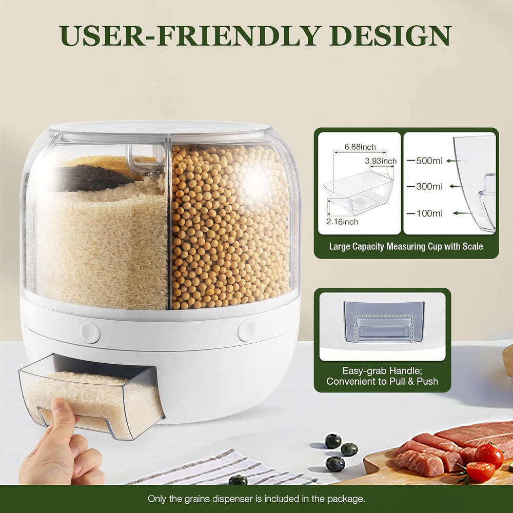 Grain Storage Container Dispenser 360° 6 Grids Rotating Food Dispenser Kitche...