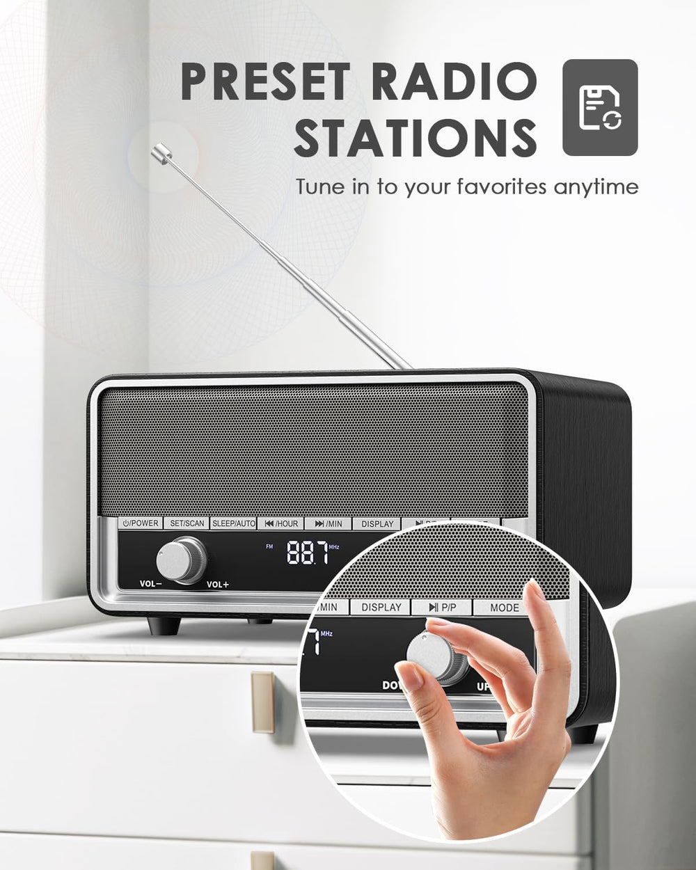Retro Wood AM FM Bluetooth Radio with Time/Station Display
