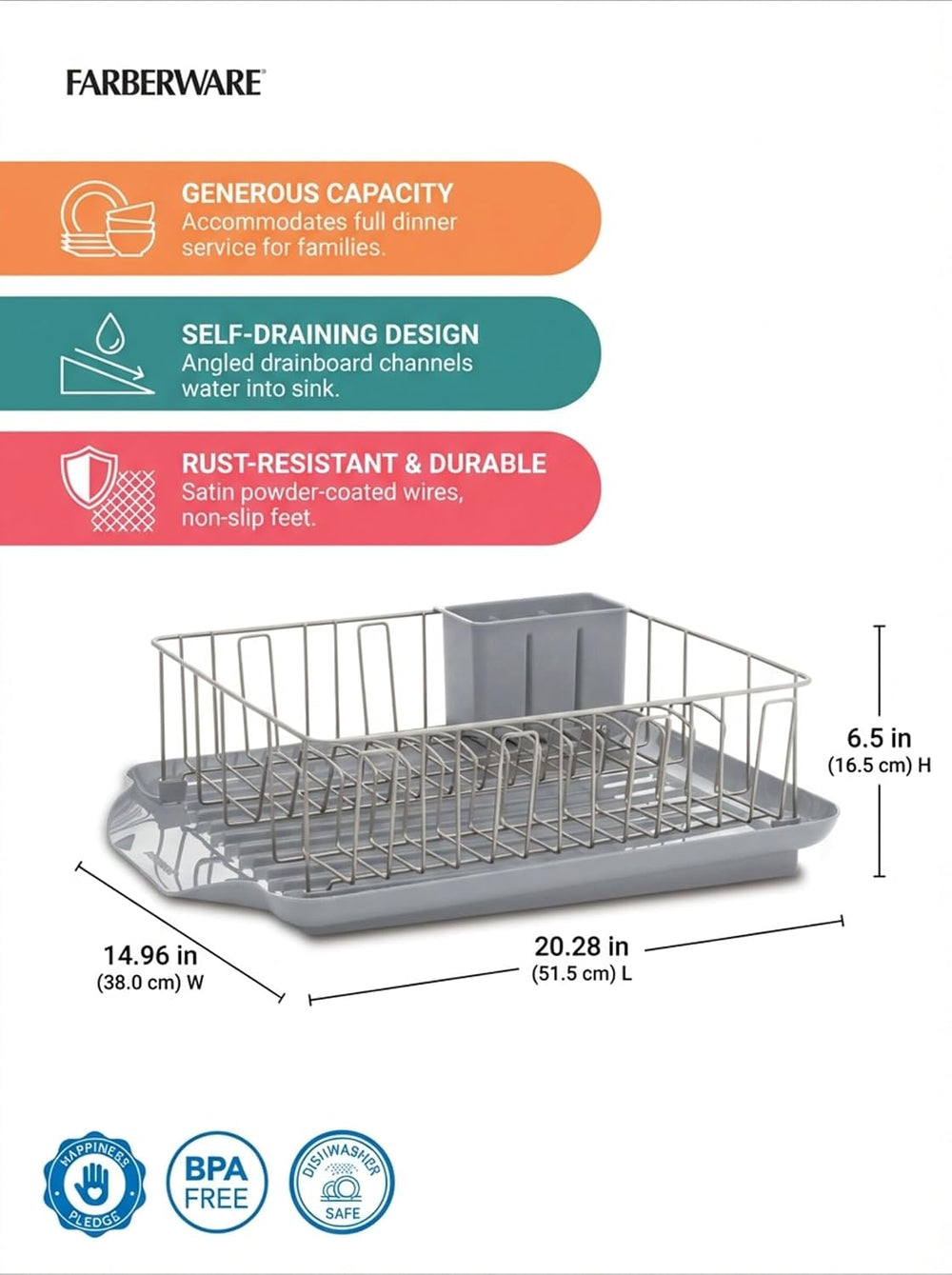 Farberware 3-Piece Dish Drying Rack Set Rust-Resistant Gray