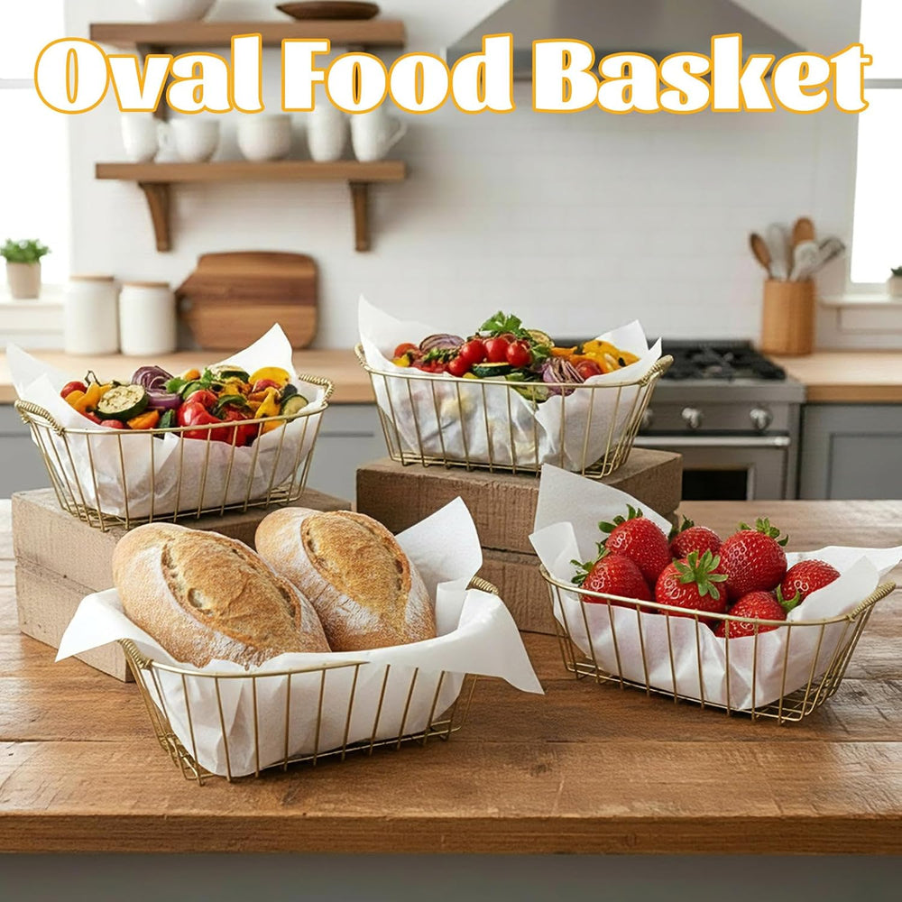 24 Pack Gold Metal Wire Fast Food Baskets Bulk with 100 Food Blotting Sheet