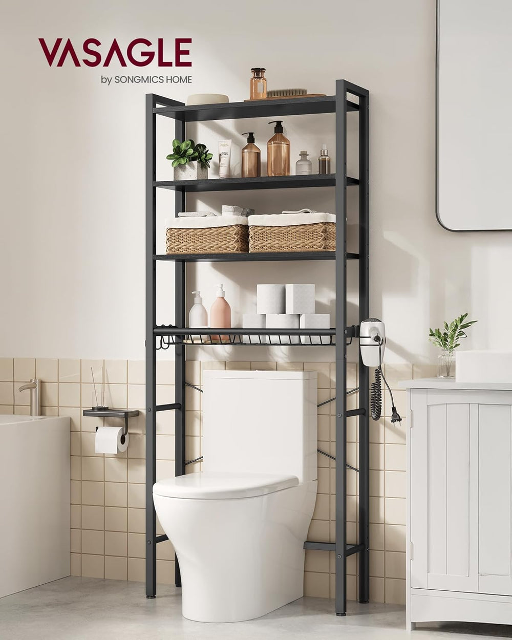 VASAGLE 4-Tier Over the Toilet Storage, Adjustable Shelves, Basket, 68.1'...
