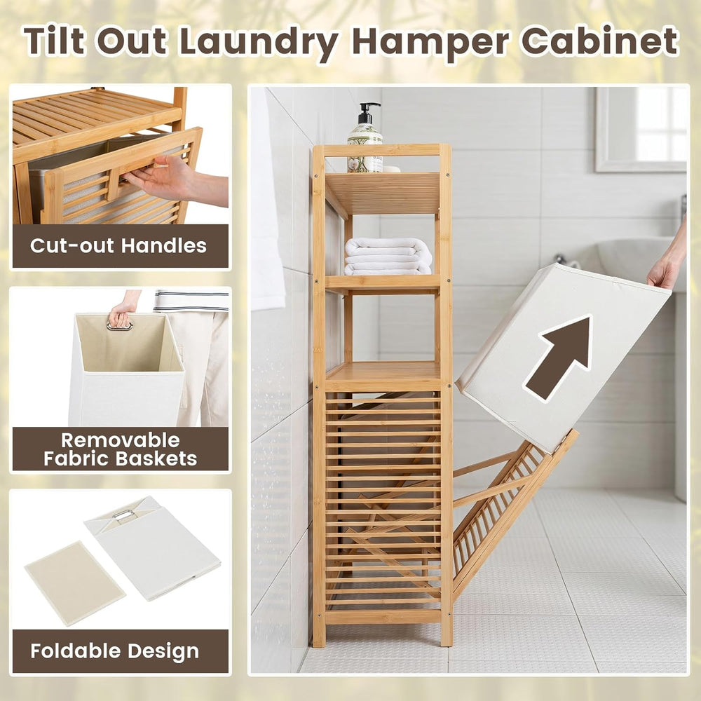 GOFLAME Bamboo Double Tilt Out Laundry Hamper Cabinet with Shelves
