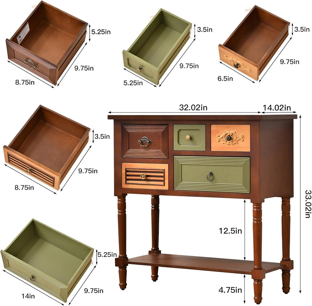 Ahokua Vintage Accent Cabinet with 5 Drawers and Open Shelf, Multi-Tone Conso...