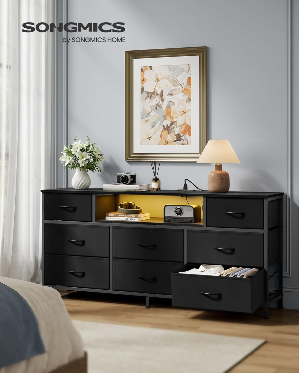 SONGMICS Dresser for Bedroom with Outlets & LED Lights, 8 Fabric Drawers