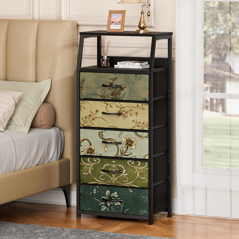 Furnulem 5 Drawers Dresser for Bedroom, Fabric Tall Nightstand