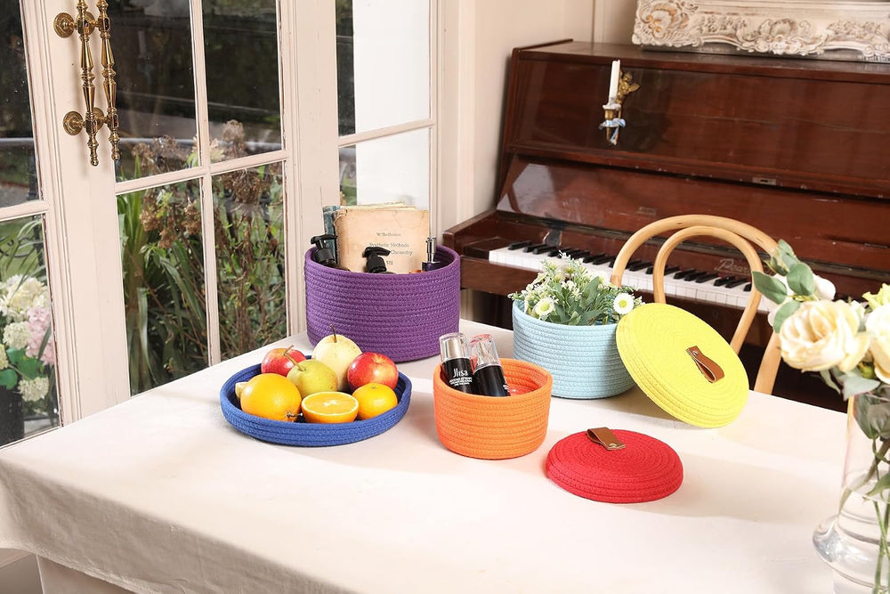 Set of 3 Small Woven Baskets with Lids, Cotton Rope Round Nesting Storage Bas...