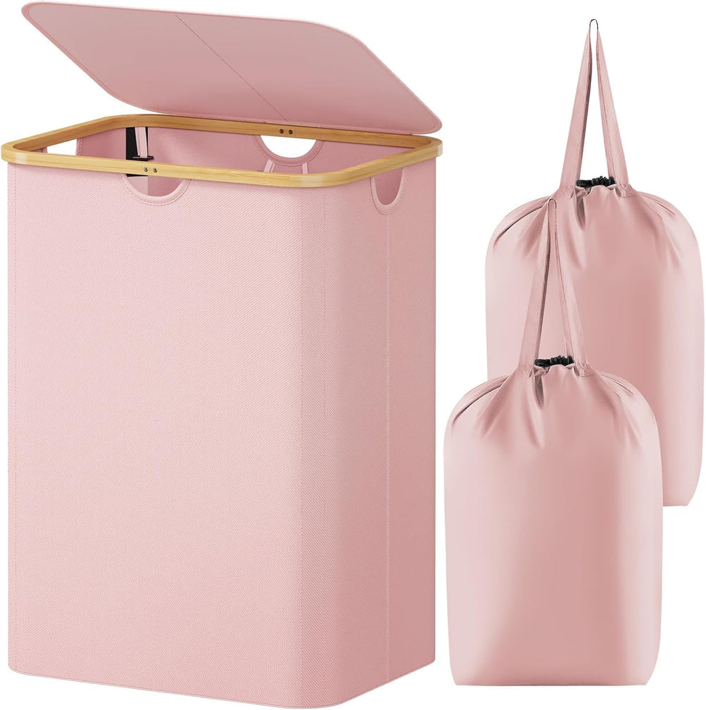Lifewit 150L Large Laundry Basket with Lid, 2 Removable Bags, Pink