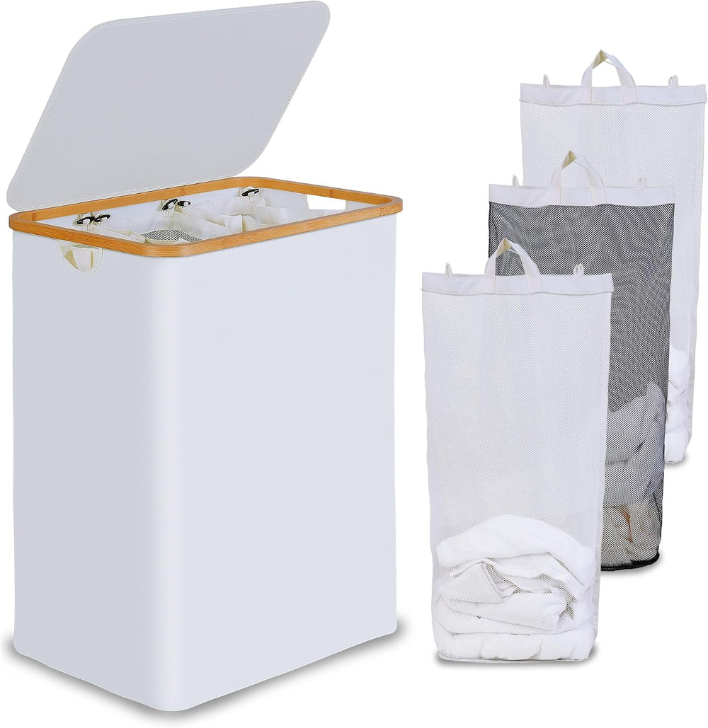 efluky Laundry Hamper 3 Section with lid and 3 Removable Bags, White