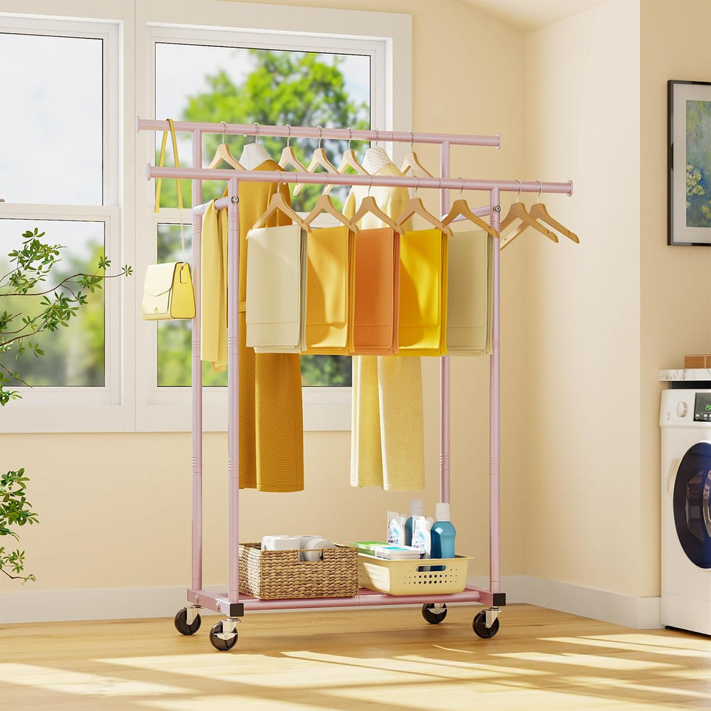 HYSEYY Double Rods Clothes Rack, Sturdy Rolling Clothing Rack, Portable Cloth...