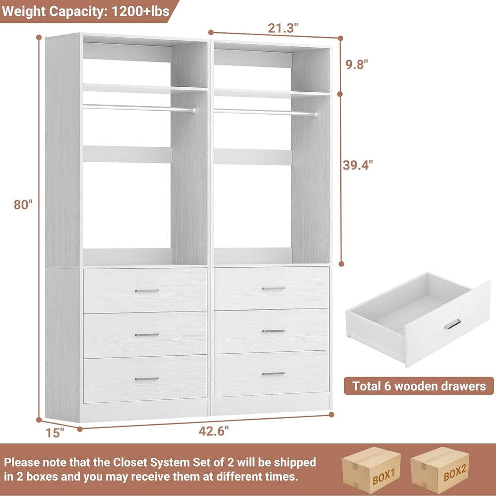 Besiost Closet Systems with 6 Wood Drawers, Closet System Set of 2