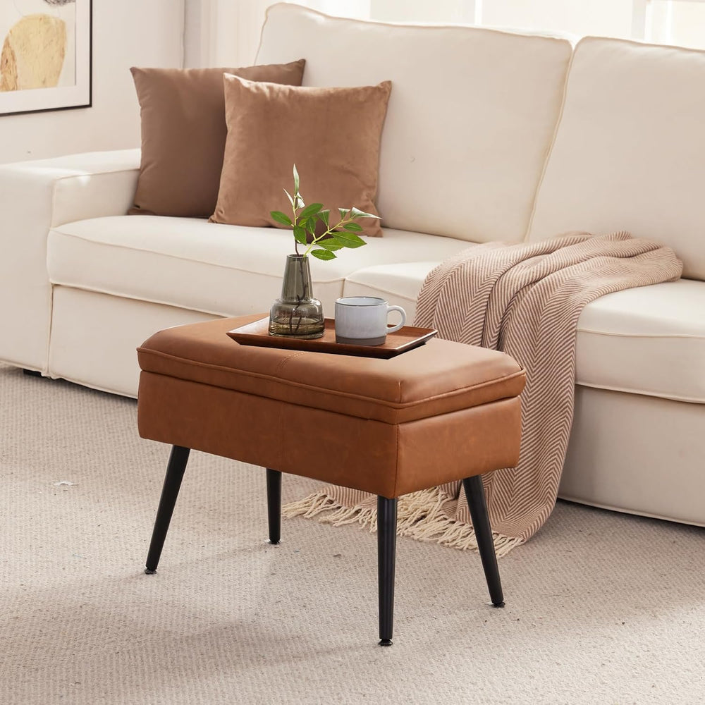 Square Storage Ottoman Upholstered Vanity Accent Stool Cognac Brown