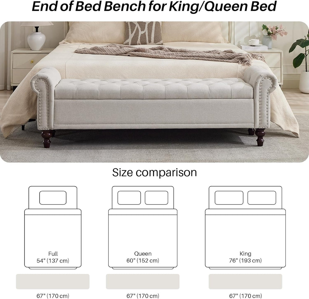 SOFTHION 67" Storage Bench for Bedroom, Linen Upholstered, Beige